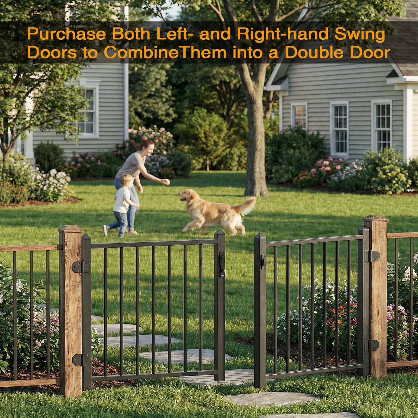 Deck Fence Gate Integrated Welding Stainless Steel Black Textured Powder-Coat Finish 36.2″Wx 36.7″H Outdoor Deck Gate with Latch for Deck, Garden, Yard, Porch, Patio (Left Hand in Swing)