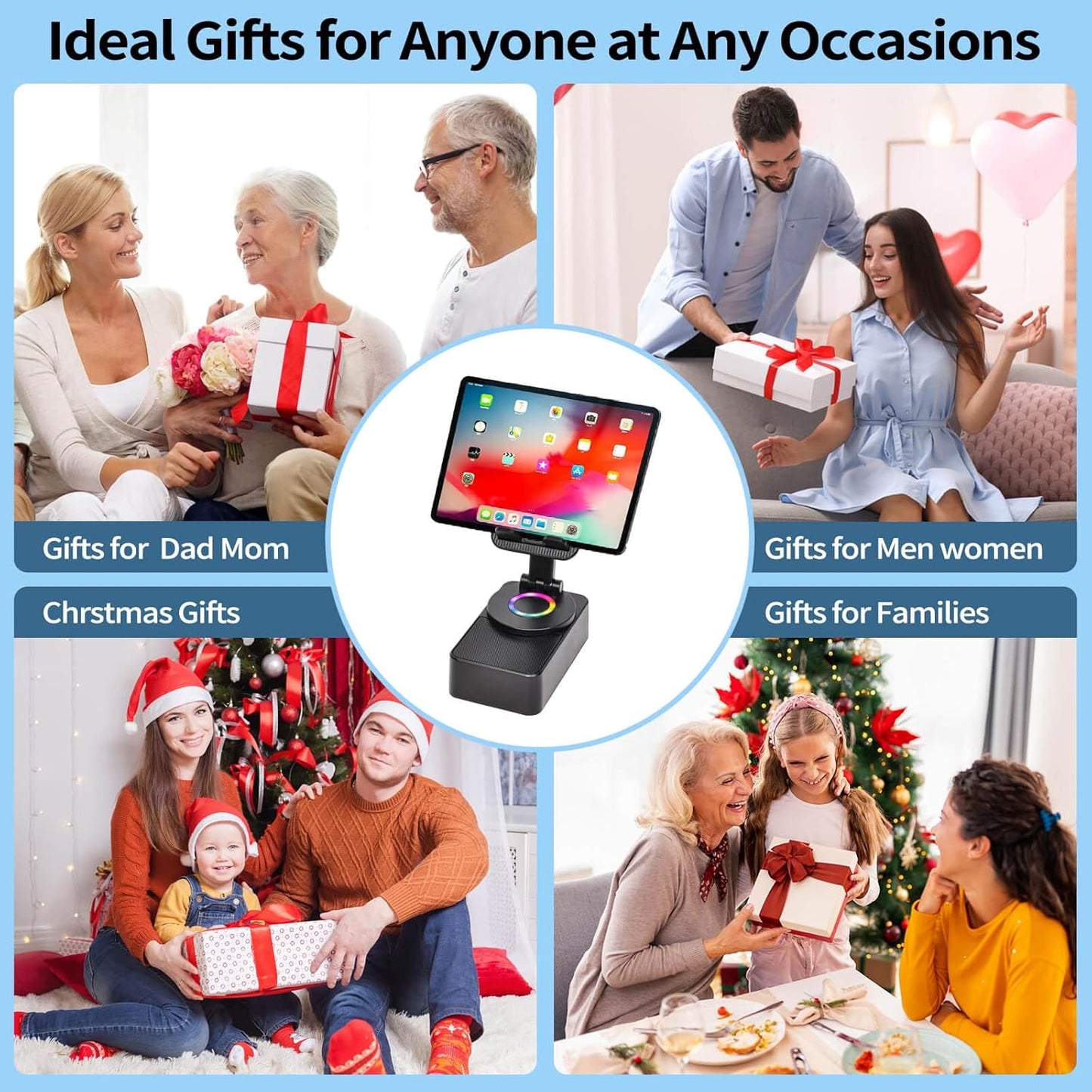 SMADOM Birthday Gift for Women Mom Men Dad Cell Phone Stand with Wireless Bluetooth Speaker and Portable Charger Led