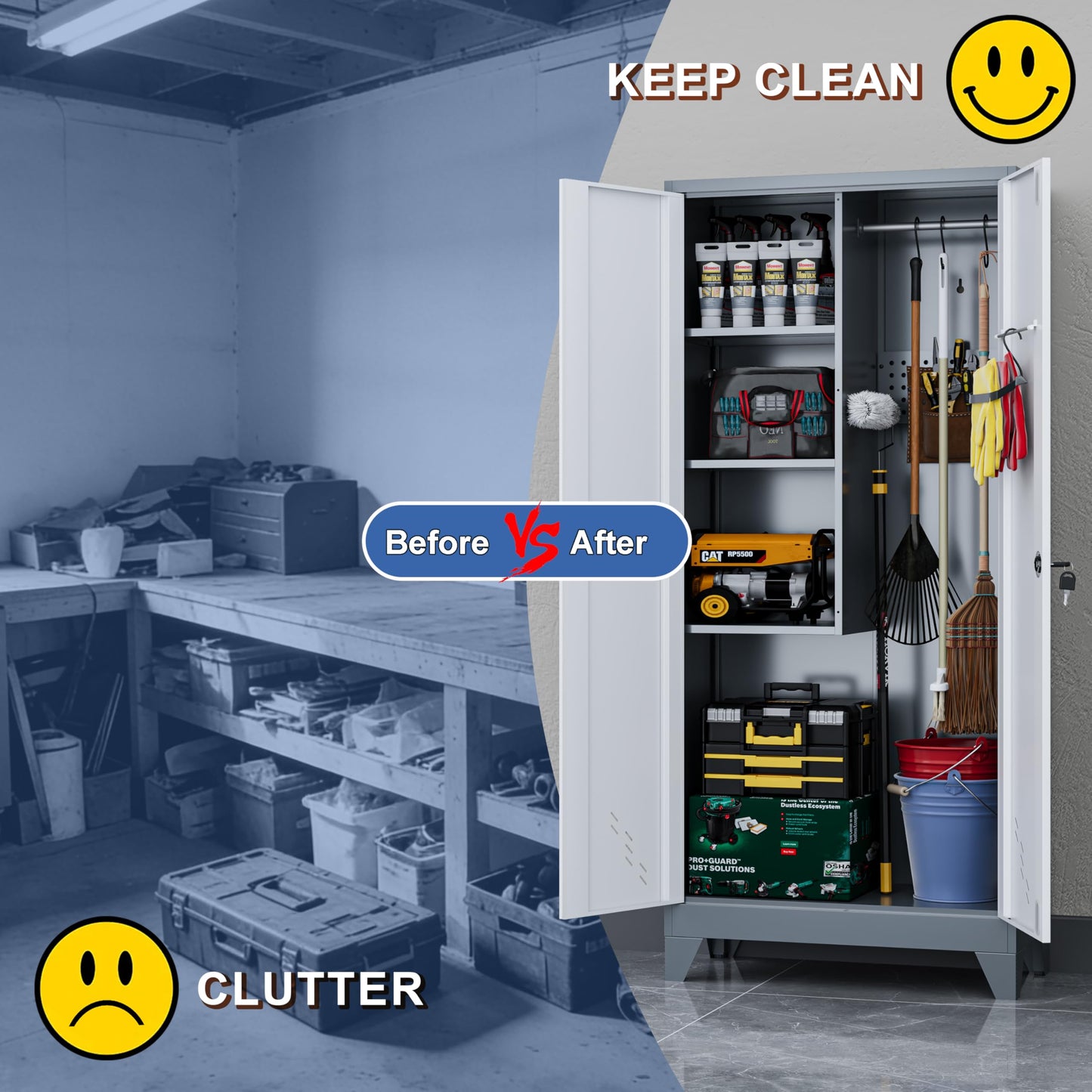 CBNTKI 61" Broom Storage Cabinet, Cleaning Tool Storage Cabinet, Garage Utility Storage, Metal Broom Closet for Home, Garage, Utility Room, Hanging Rod (Gray White, Door-2)