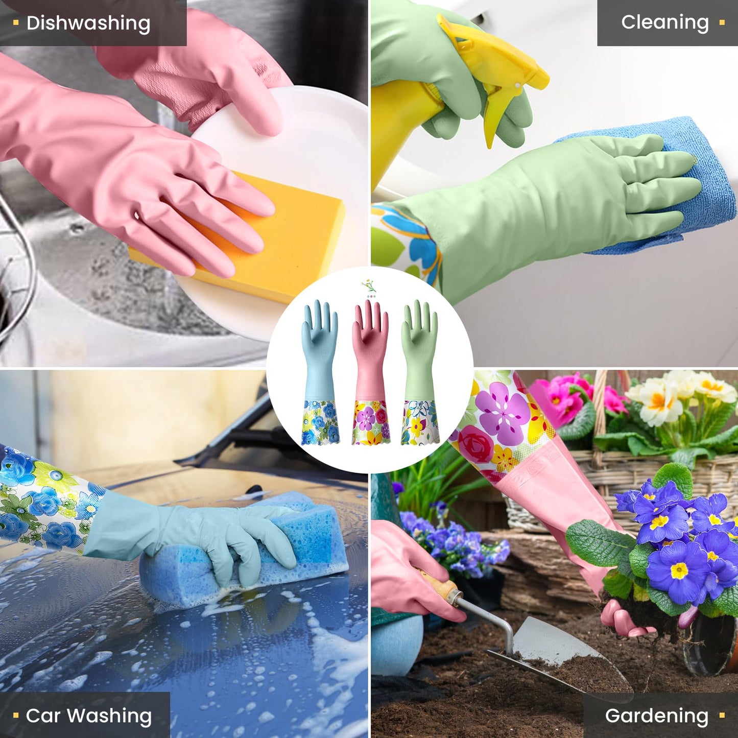 KAQ 3 Pairs Rubber Cleaning Gloves, Reusable Dishwashing Gloves for Kitchen with Cotton Liner, Long Cuff 16", Waterproof Non-Slip Household Gloves for Bleaching Bathroom, Laundry, Gardening (Large)