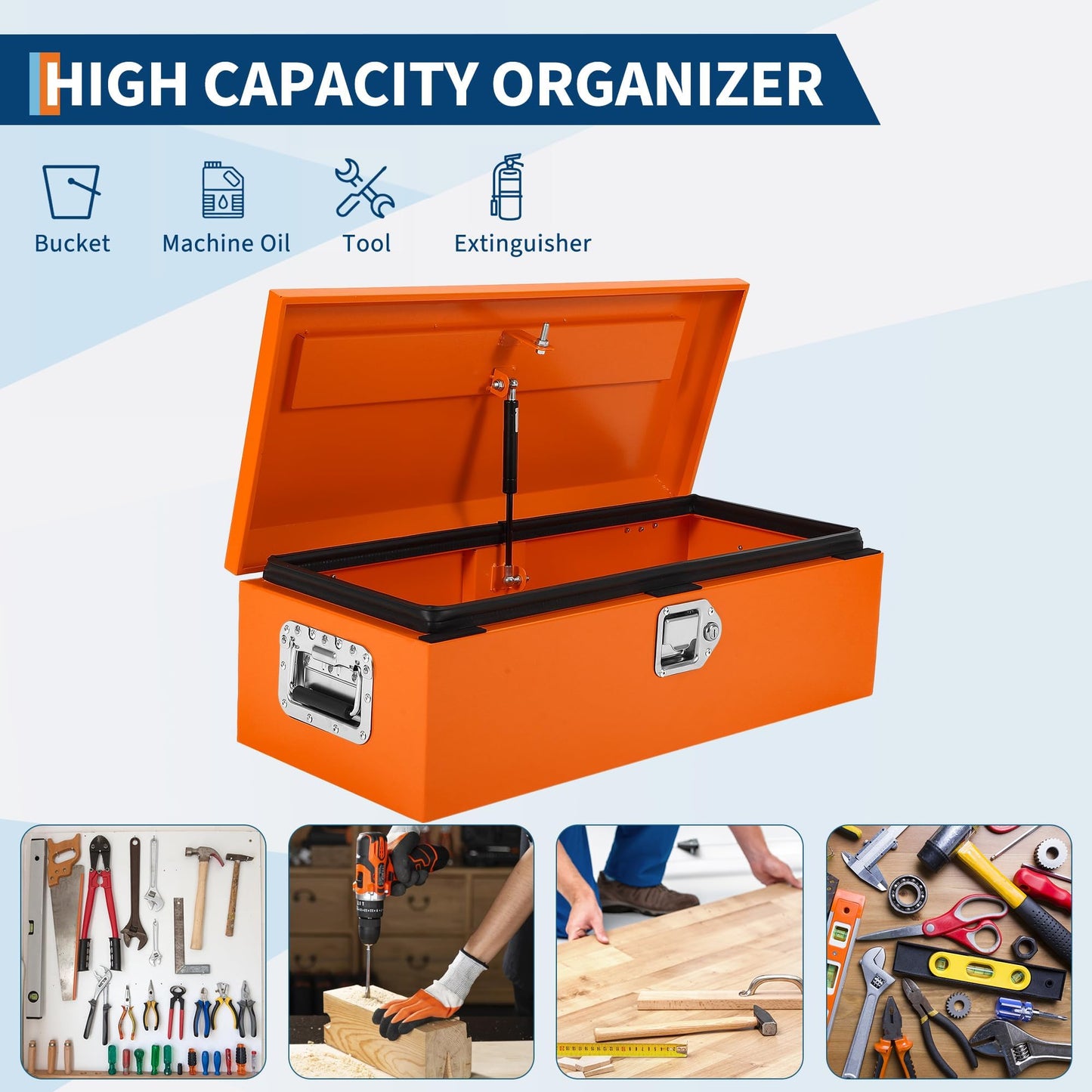 Powder-Coated Black Steel Truck Bed Tool Box - Heavy Duty Diamond Plate Storage Chest with Side Handles & Lock - Durable Metal Toolbox for Pickup, Trailer, RV, Mechanic Workshop - 20×12×9.6 in, Orange