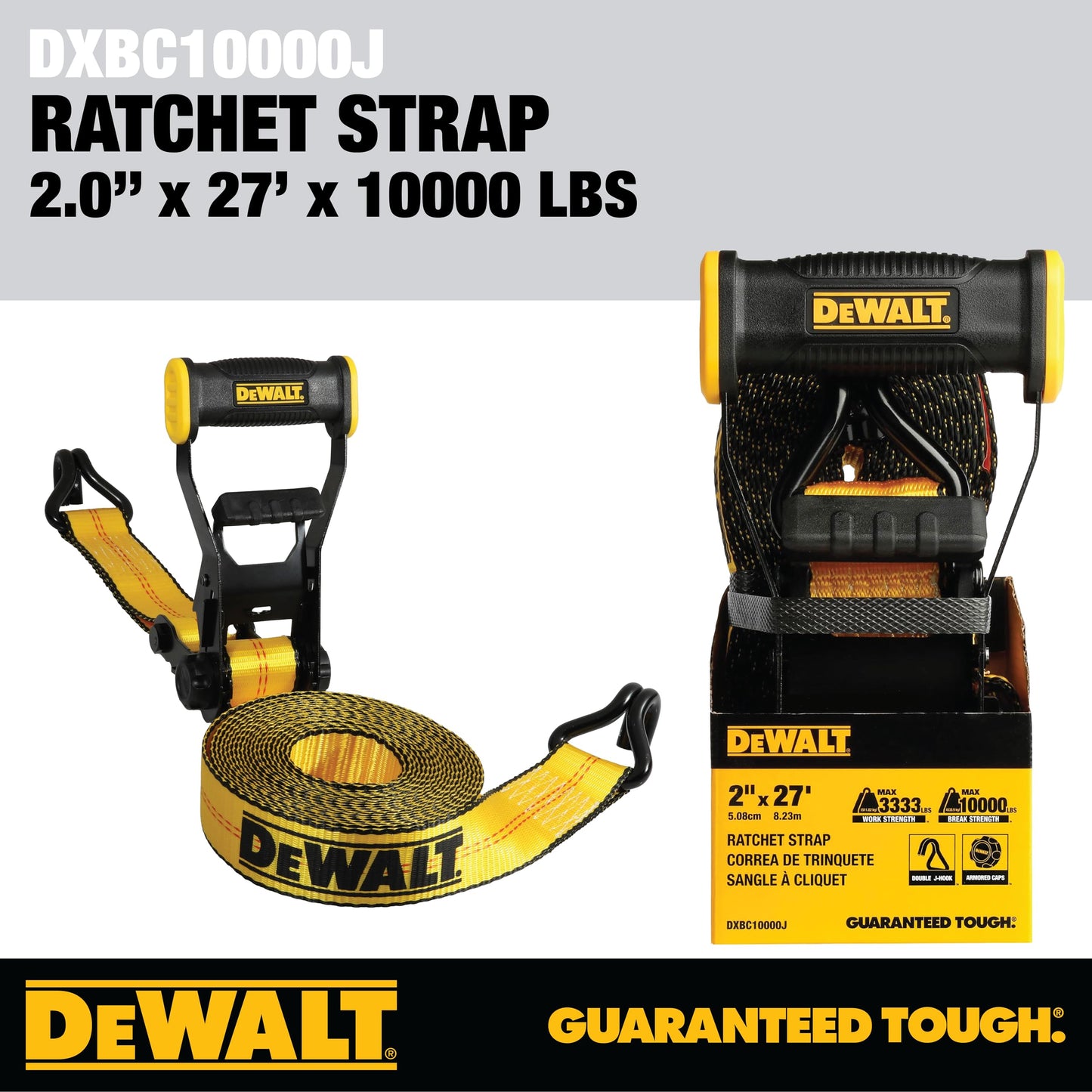 DEWALT DXBC10000J-6PK Black/Yellow 2" x 27' Ratchet Tie Down Straps with Double J-Hooks - Heavy-Duty Cargo Hauling (10,000 lb Break Strength), 6 Pack