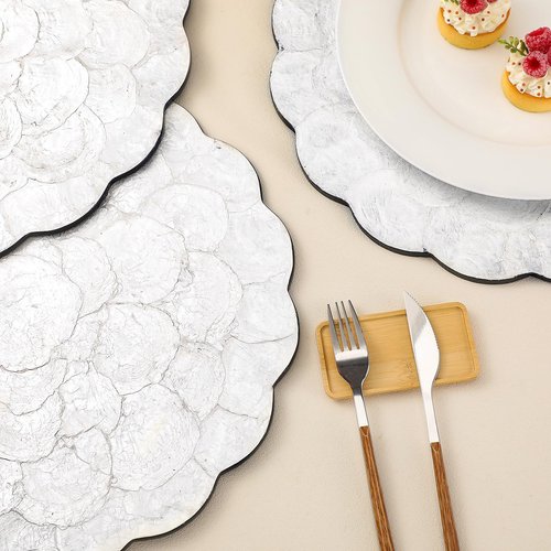 Gandeer 4 Pcs Scalloped Capiz Shell Placemats - 15'' Ivory Capiz Shell Placemats Wavy Decorative Table Mats for Holiday Dinner Party Table Decoration, Washable
