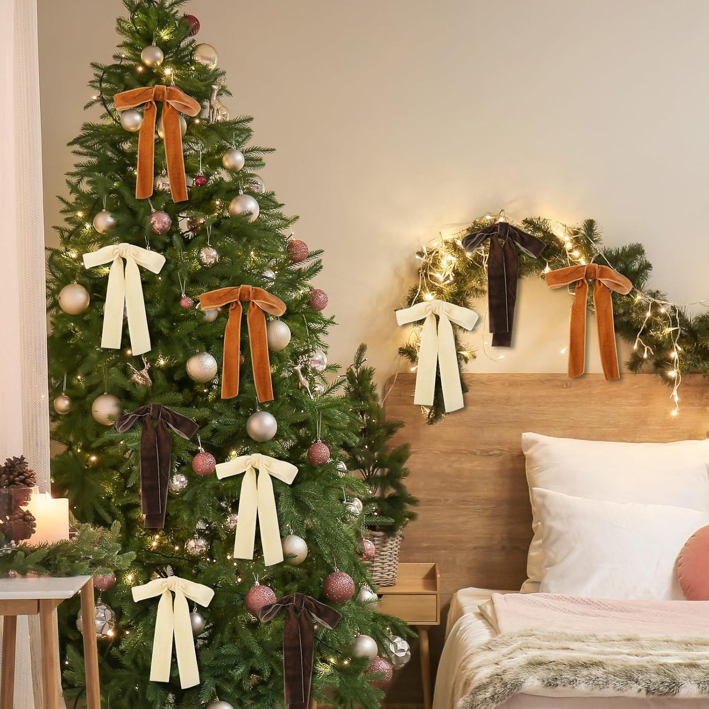 Skiennix Velvet Bows - 24 Pcs Christmas Tree Ornaments | Coquette Wedding Decor in Brown & Beige (5 x 7 Inch)