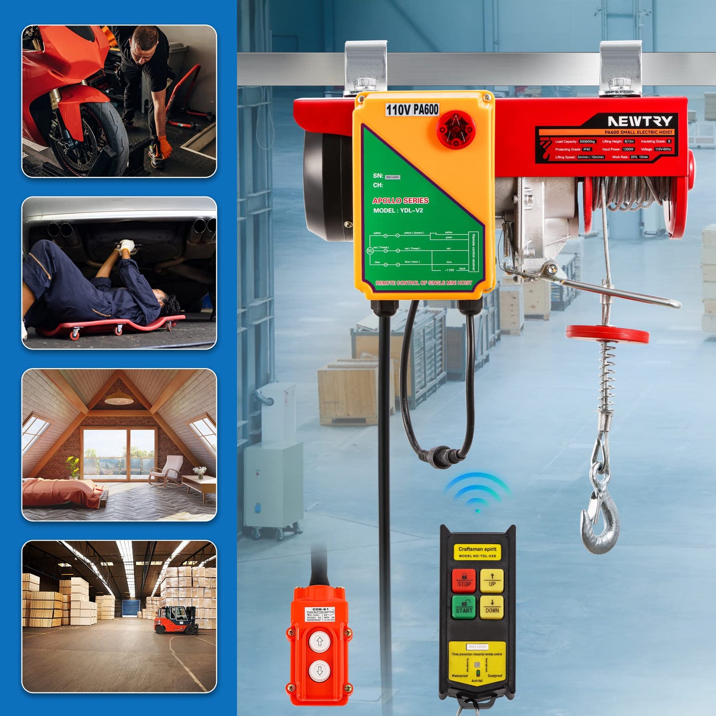 NEWTRY 1320lb & 660lb Electric Hoist Winch, 1200W Wireless/Wired Control 2 in 1, 110V Single & Double Slings Portable Hoist Winch for Garage Factories Warehouse
