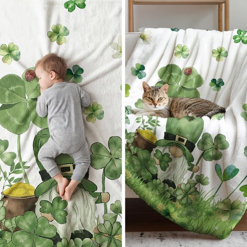 Horaldaily St. Patrick's Day Flannel Blanket Throw, Shamrock Gnome Lawn Watercolor Style Soft Fuzzy Plush Cozy Fleece Blankets for Couch Sofa Bed Lounging, Ideal Gifts for Kids Adults Self, 50x60