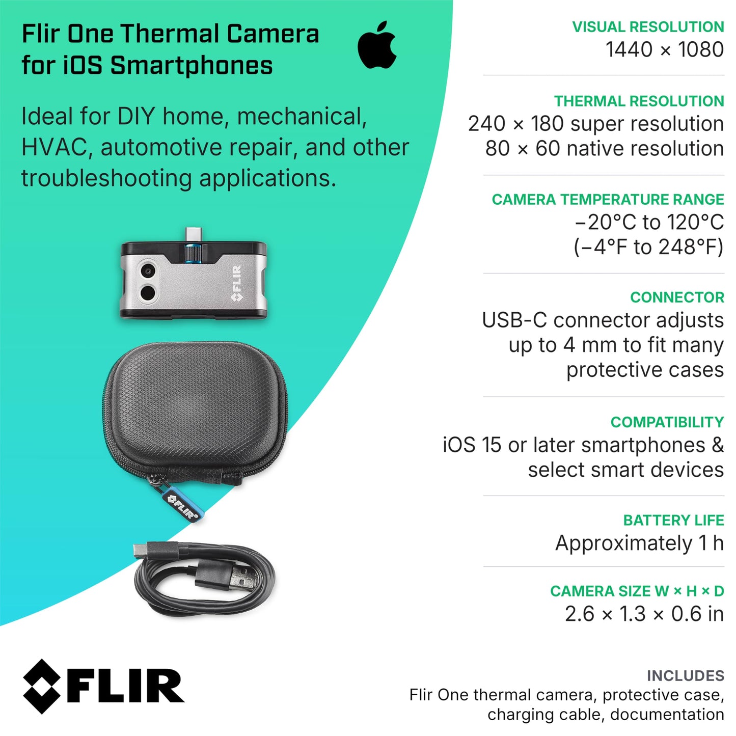Flir One - Thermal Imaging Camera for iOS Smartphones (iPhone 15 and Newer w/USB-C), 240x180 Super Resolution (80x60 Native IR)