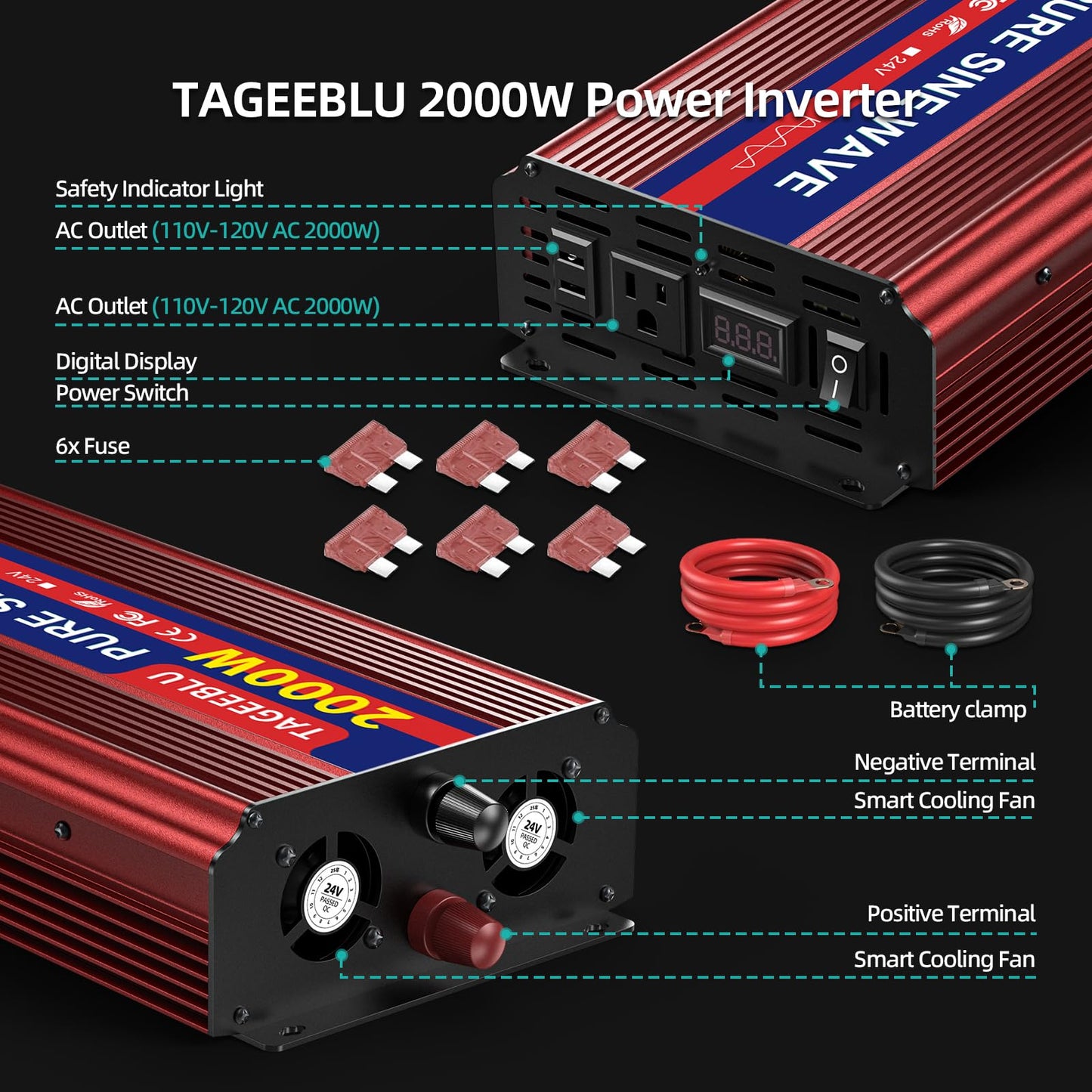 TAGEEBLU 24V 2000W Pure Sine Wave Inverter - 4000W Surge, 24V DC to 110V AC Heavy Duty Power Inverter for RV, Truck, Home, Solar, Off-Grid, Outdoor, Car Converter with Dual AC Outlets and LCD Display