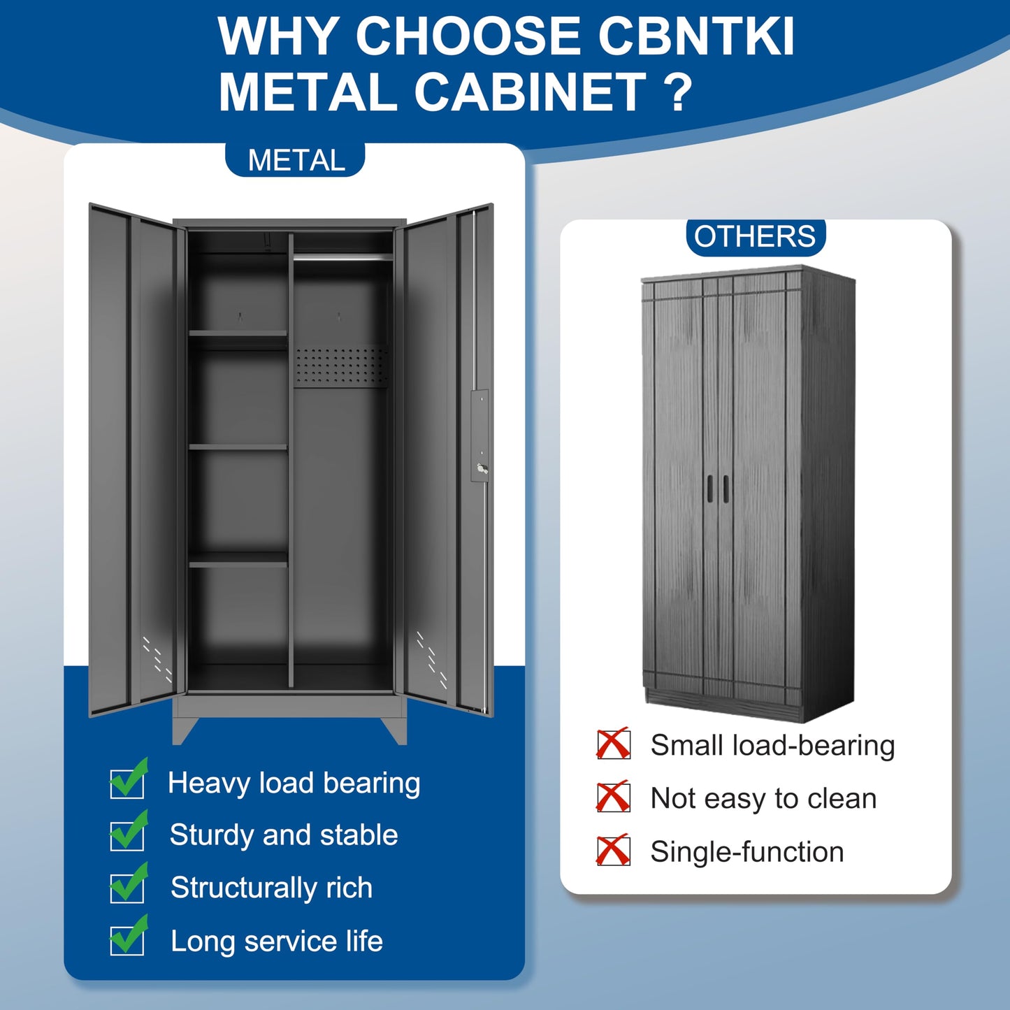 CBNTKI Metal Garage Storage Cabinets with Lock, Cabinet with Pegboard & Hanging Rod, Broom Closet Storage Cabinets, Black Lockable Steel Tool Cabinet for Home,Garage,Utility Room