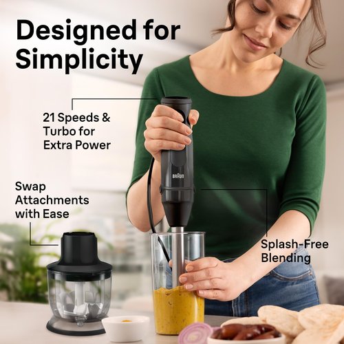 Braun MQ50202M MultiQuick Vario 5 Handheld Blender – 21-Speed Stick with Turbo Boost, Stainless Steel Blades, EasyClick System, 500W, Chopper, Whisk, Masher – Immersion Blender for Smoothies