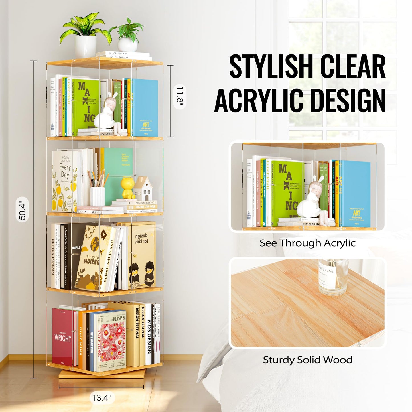 TAKEKIT Rotating Bookshelf, 360 Degree Revolving Bookcase, 4-Tier Spinning Bookshelf, Clear Acrylic & Solid Wood Rotating Bookcase for Kid’s Playroom, Bedroom and Living Room, Square