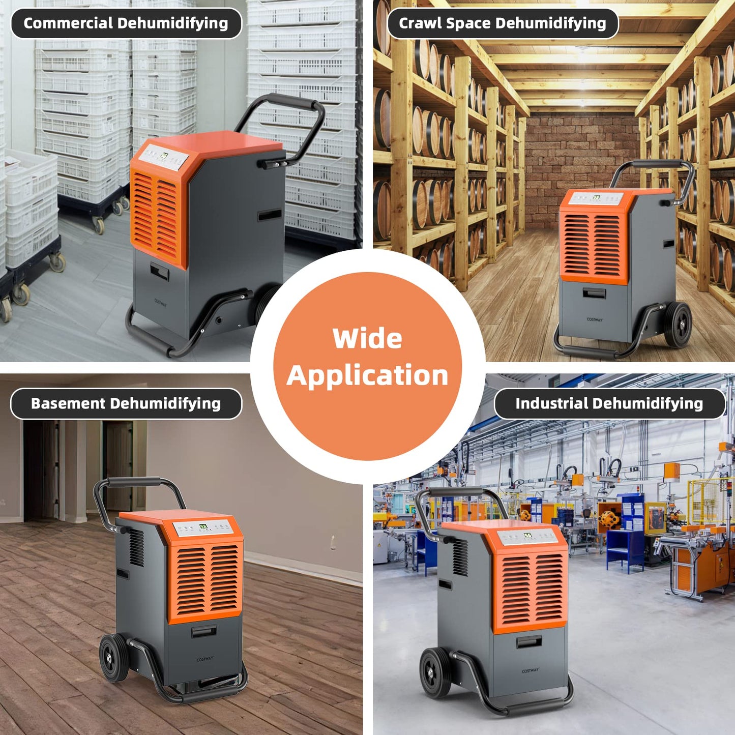 COSTWAY 163 Pints Commercial Dehumidifier, 4500 Sq.Ft Crawl Space Dehumidifier with Drain Hose, 24H Timer, for Basement, Warehouse, Job Site (Orange)