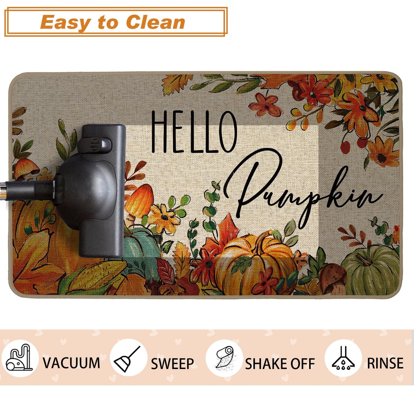 Baccessor Fall Pumpkins Kitchen Rugs Set of 2,Thanksgiving Autumn Pumpkins Floral Leaves Low-Profile Non Slip Absorbent Kitchen Mats for Floor Farmhouse Home Decor 17x29 and 17x47 Inch
