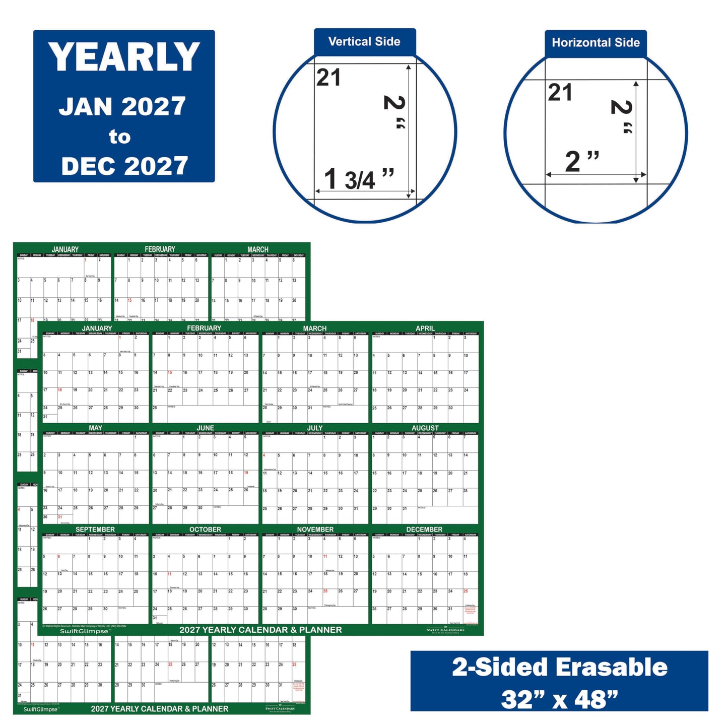 32" x 48" SwiftGlimpse 2027 Wall Calendar Erasable Large Wet & Dry Erase Laminated 12 Month Annual Yearly Wall Planner, Reversible, Horizontal/Vertical, GREEN