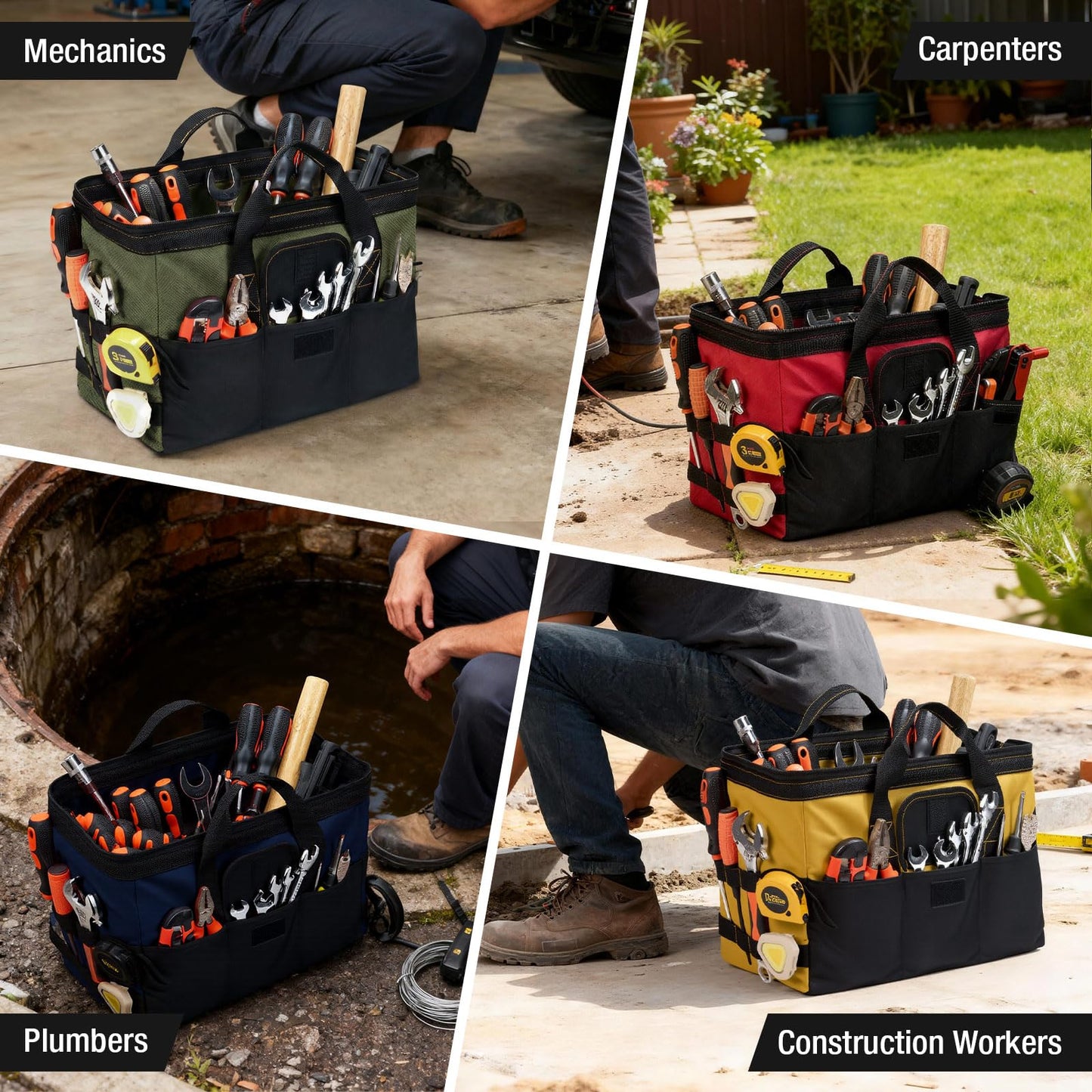 HISEA 3 Pack Heavy Duty Tool Bag with Storage Pockets, 16-Inch Tools Organizer Tote with Wide Base, Waterproof Durable Tool Bags with Zipper for Electrician, Tradesman (Red, Yellow, Blue)
