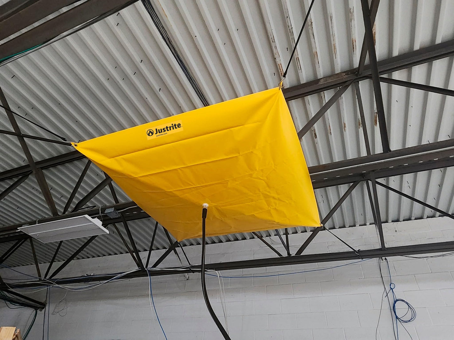 Justrite Ceiling Leak Diverter Tarp with Hose Connection and Corner Grommets, 7' x 7' Puncture-Resistant and Watertight PVC-Coated Fabric, for Temporary Leak Fix, Made in The USA, Yellow, 28304