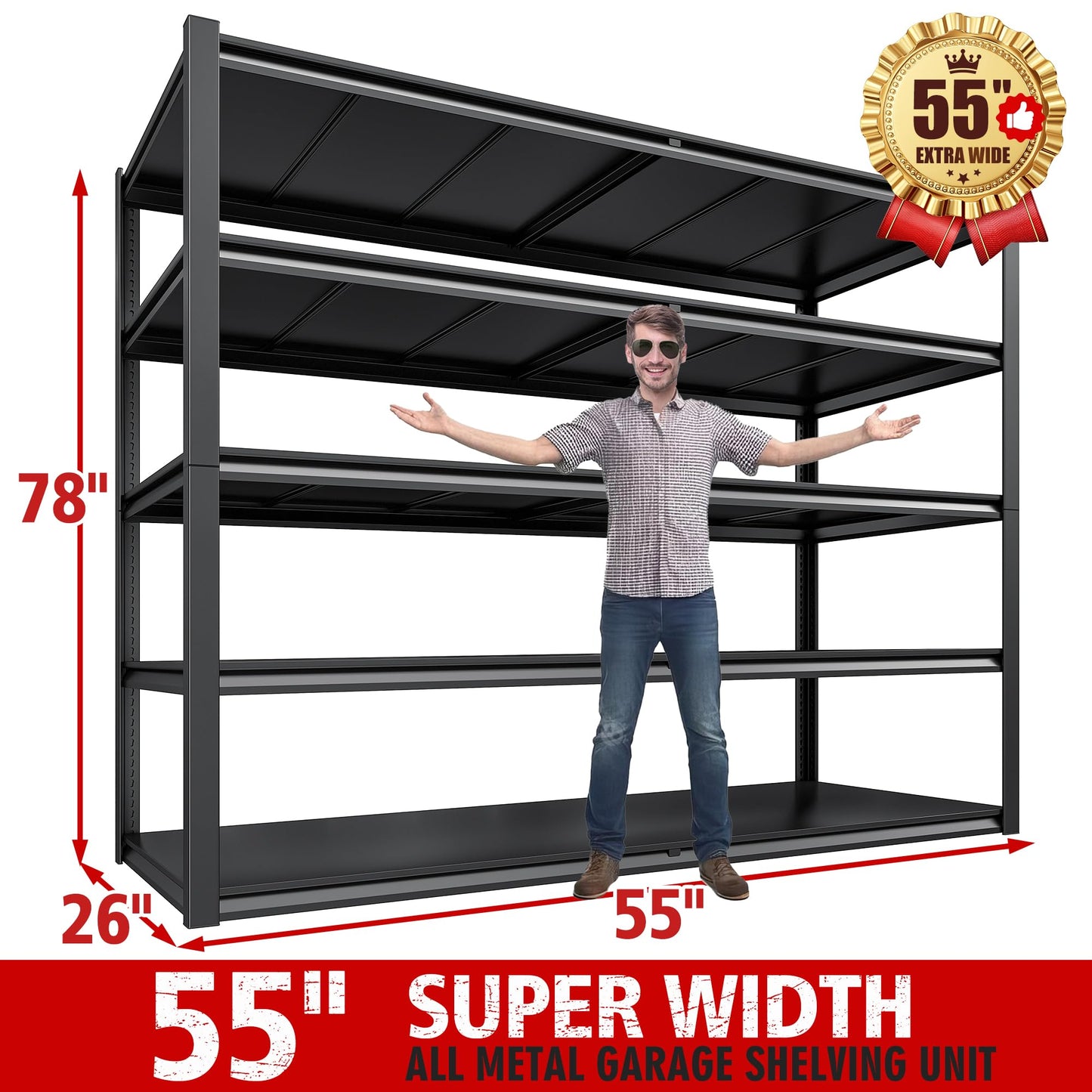 REIBII 78" H Garage Shelving,Garage Storage Heavy Duty Shelves Shelving Unit Load 3000LBS,5 Tier Adjustable Metal Shelves for Warehouse, Basement, Pantry, Factory, 55" W x 26" D x 78" H