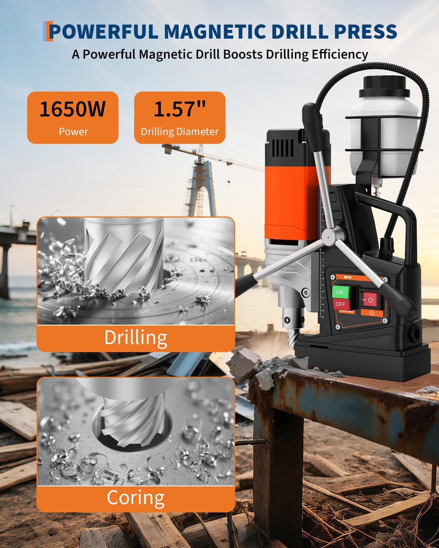 Electric Mag Drill Press, 1650W Motor 1.57" Boring Diameter, Portable Drilling Machine 2922Lbf Power, 810 PRM, Mag Drill Presswith Adapter for Home Improvement, Industrial and Metal Surface