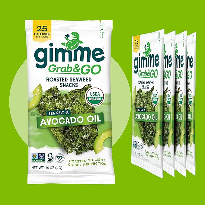 Gimme Seaweed Grab & Go Organic Premium Roasted Seaweed Snacks, Sea Salt & Avocado Oil, 5 Count Trayless, Keto, Vegan, Gluten-Free, Source of Omega3s, Healthy On-The-Go Snack for Kids & Adults
