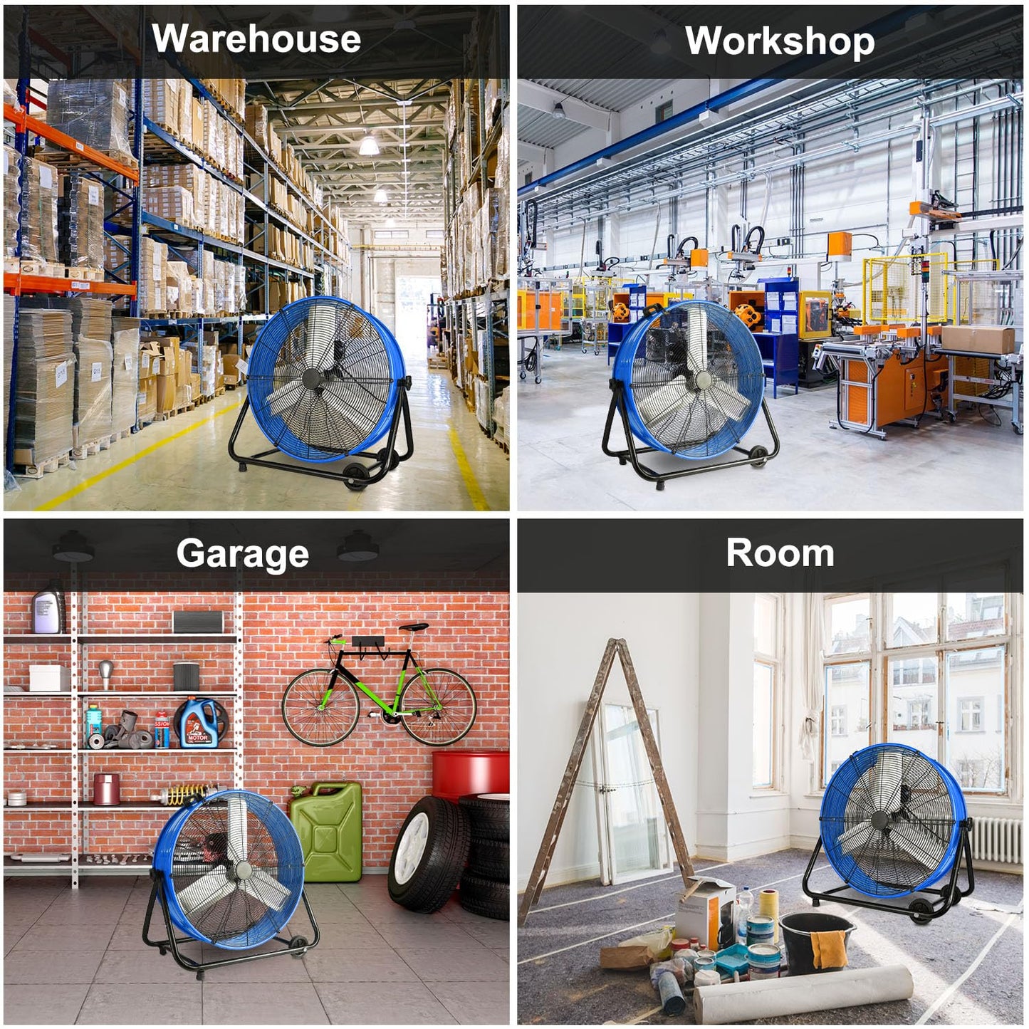 WARMLREC 24" Industrial Floor Fan, 8900 CFM High Velocity Drum Fan with 3 Speeds, Portable Heavy Duty Industrial Fan for Warehouse, Workshop, Factory, Commercial, Residential and Greenhouse Blue