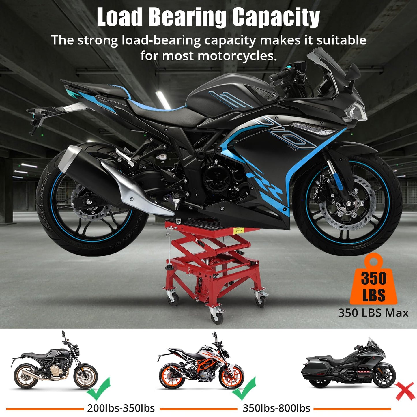 Hydraulic Motorcycle Lift Table, 350 LBS Capacity Foot-Operated Scissor Jack with Wide Non-Slip Deck, 3-Position Safety Pin & 4 Caster Wheels for ATV Dirt Bikes & Motorcycles
