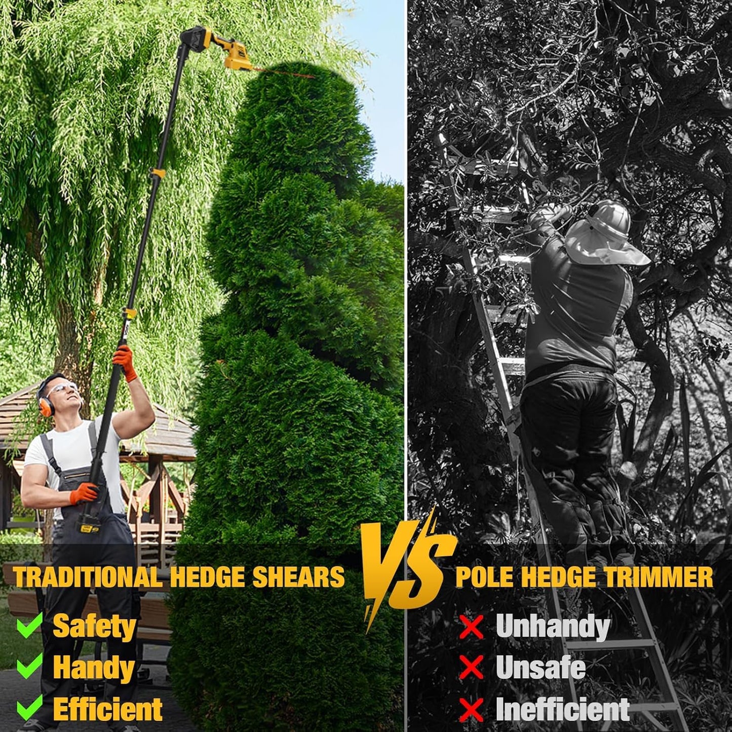 Pole Hedge Trimmer Cordless - Electric Hedge Trimmer & Grass Shear with 2x3000mAh Batteries,180° Adjustable Angle, 16 Ft Reach, Hedge Trimmers Cordless with Battery