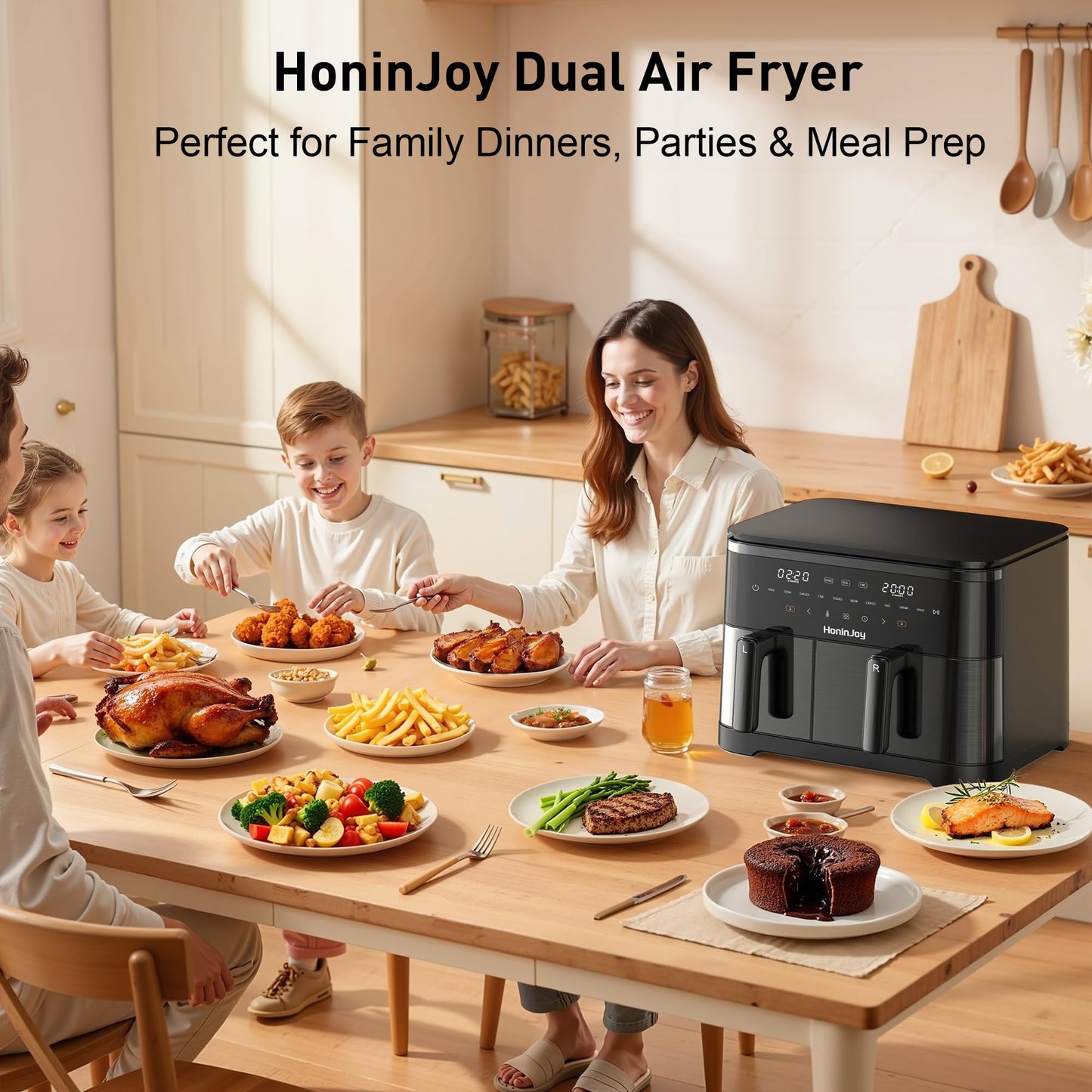 HoninJoy 12QT Large Air Fryer with Dual Basket (4QT+8QT), 13-in-1 Digital Touchscreen Double Zone Air Fryers with 50pcs Paper Liners, Sync & Dual, for Bake, Roast, Shake Reminder, Dishwasher Safe