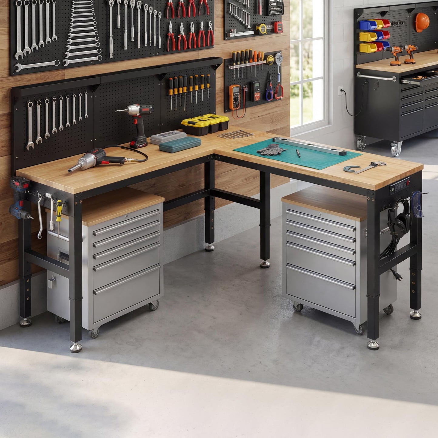 SPECRAFT 68"x48" L-Shaped Workbench with Power Strip, Adjustable Height Heavy Duty Work Table with Pegboard, 6000LBS Load Capacity, Industrial Wood Top Workstation for Garage, Workshop, Home Office