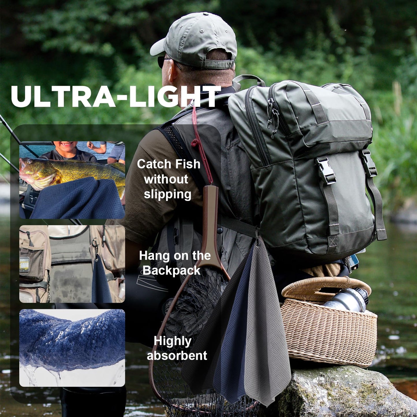 Puomue 3 Pack Microfiber Fishing Towels with Clip, 16" X 16", Waffle Pattern for Effective Cleaning of Fishing Gears or Dirty Hands, Perfect for Camping Towels and Hiking Towles