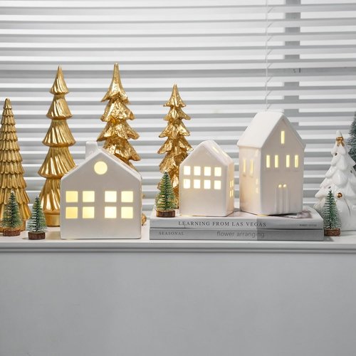 Ceramic Christmas Village Houses - 3-Piece Light-Up Set with Trees | Winter Holiday Home Decor