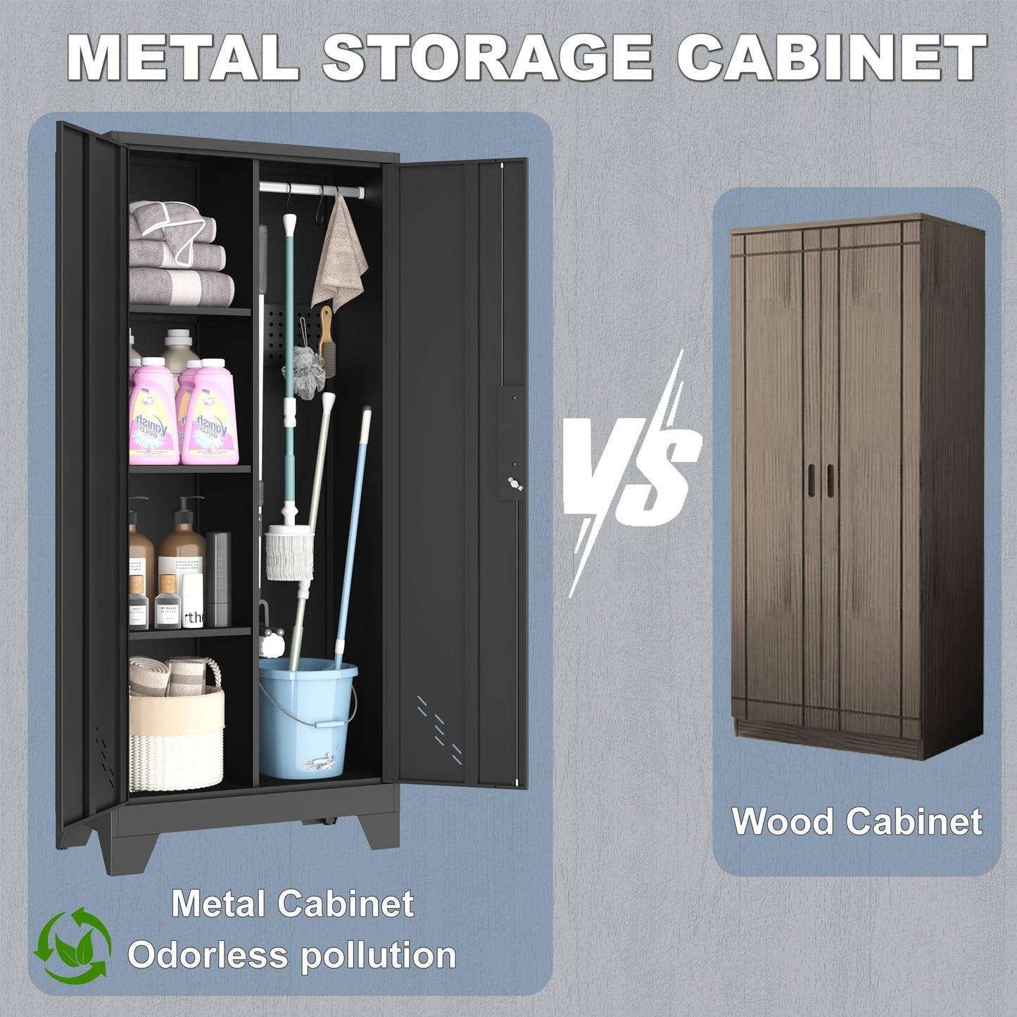 OSEILLC Metal Storage Cabinet with Locking Doors, 61" Tall Garage with Hanging Rod, Broom Closet, Freestanding Bathroom Storage Cabinet, Cleaning Tool,Utility Cabinets for Storage Locker,Black