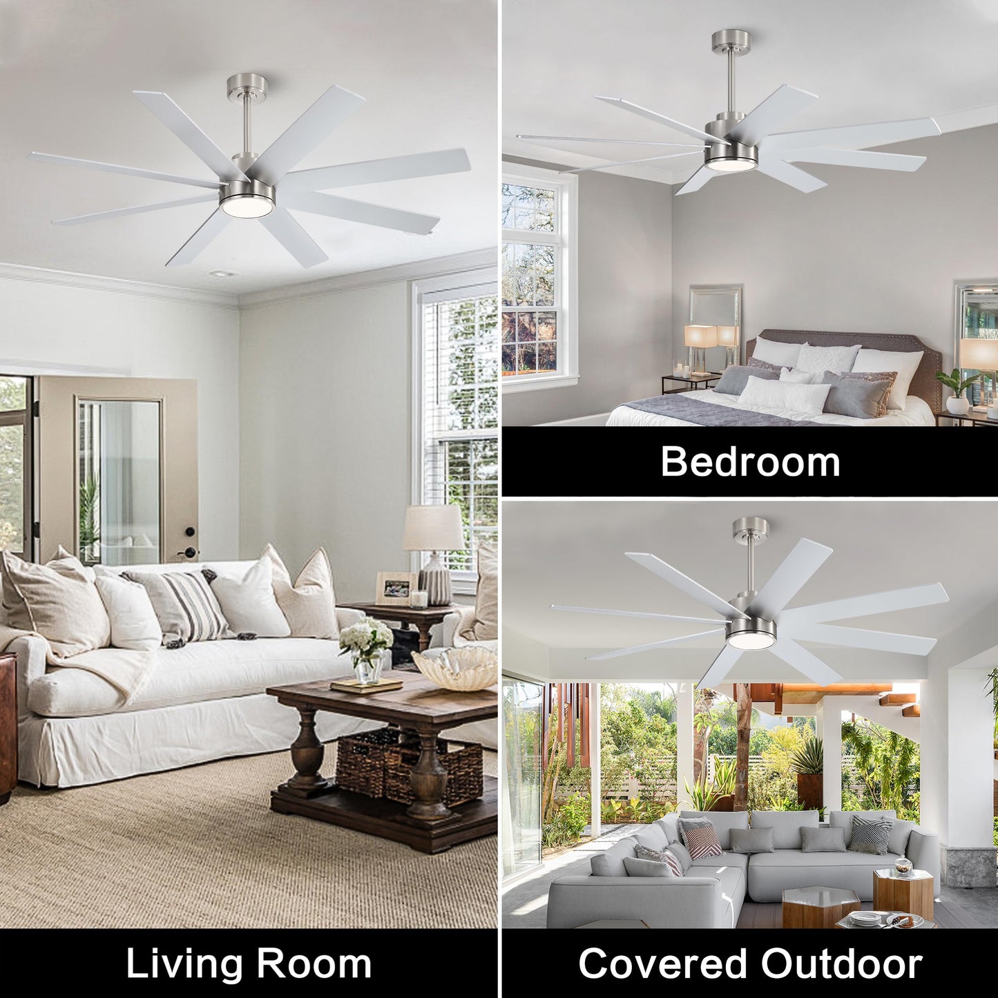 WINGBO 72" Large DC Ceiling Fans with Lights and Remote, 3 Downrods, 8 Plywood Blades, 6-Speeds Reversible DC Motor, 3CCT, Indoor Ceiling Fan for Bedroom Living Room Patio, Brushed Nickel and Silver