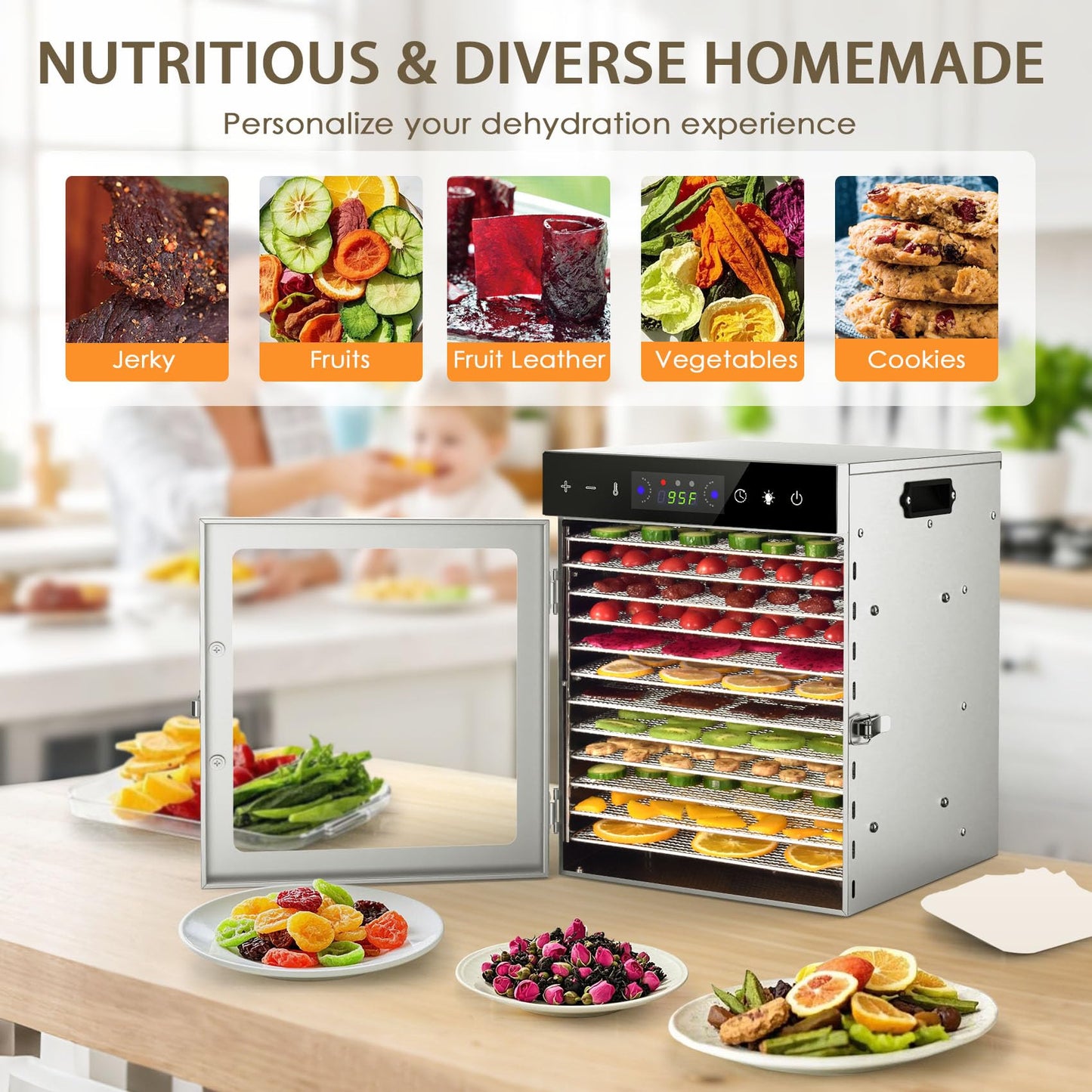 HOPERAN Food Dehydrator Machine with 12 Stainless Steel Trays – Digital Timer & Adjustable Temp Control for Jerky, Herbs, Fruits | Overheat Protection, BPA-Free, Includes Recipe Book