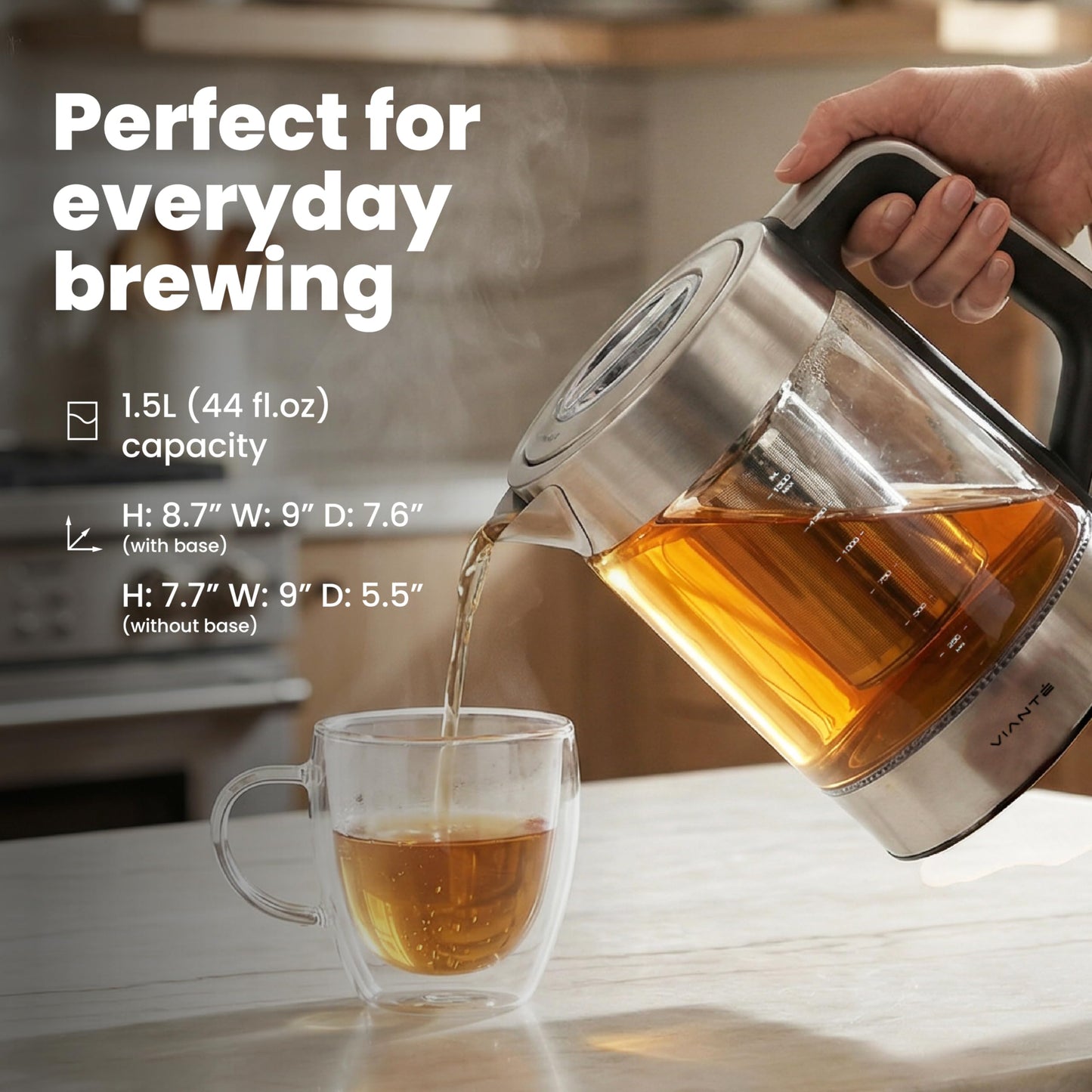 Viante Alba Electric Tea Kettle with Infuser, No Plastic In Contact With Water, 1.5L Borosilicate Glass, 304 Stainless Steel, 4 Temperature Presets, Keep Warm, Cordless, Auto Shut-Off