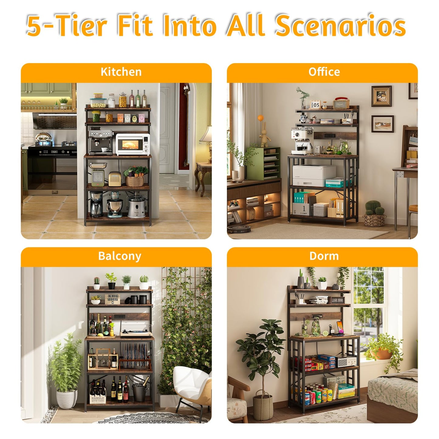 METYERRY Adjustable Bakers Rack with Power Outlet,Coffee Bar Station with Led Lights,Microwave Stand with Storage,5-Tier Kitchen Shelf,Kitchen Storage Rack for Spices, Pots and Pans,Rustic Brown