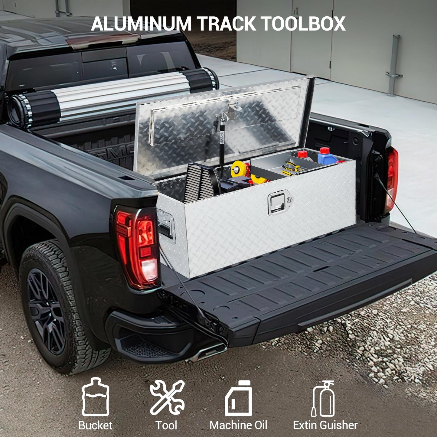 SierraSquad Heavy Duty Aluminum Truck Tool Box for Bed of Truck, Weatherproof Diamond Plate Storage Chest with Sliding Shelf, Secure Lock, Gas Rod, Fits Pickup, RV, Trailer, 10x13x30 Inch