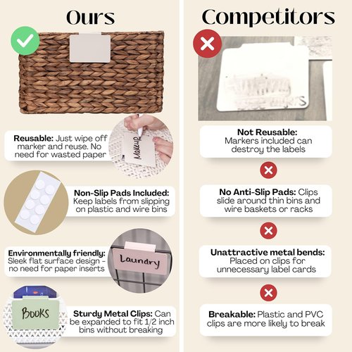 Hygge & Sage Metal Non-Slip Basket Labels - 8 Labels, 8 Non-Slip Pads & Free Marker | Cream