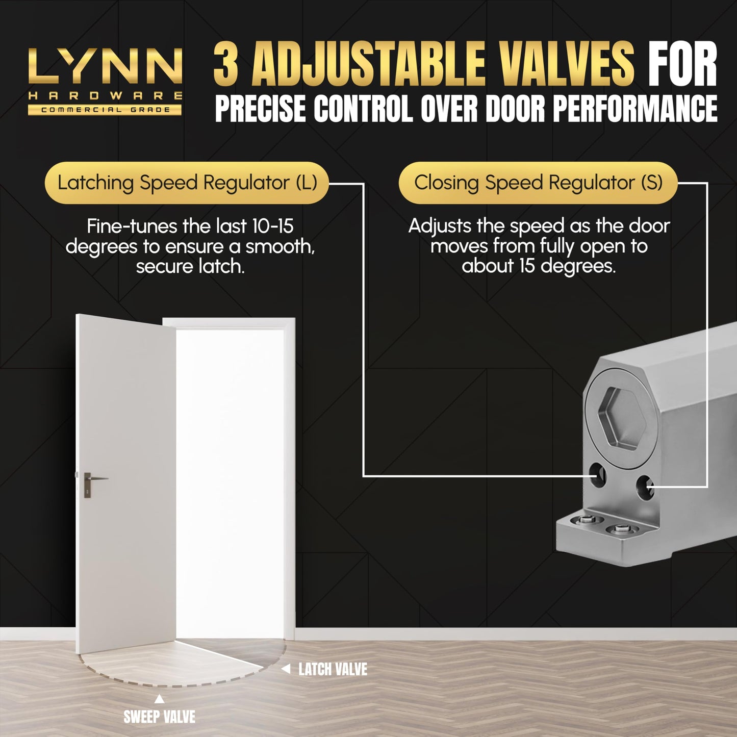 LYNN HARDWARE Light Duty Automatic Door Closer (Dark Bronze) - Highly Durable Cast Aluminum, Commercial or Home Use, Adjustable Speed Controls, 3 Mounting Options, 3 Hour Fire Rated (DC5003 Model)