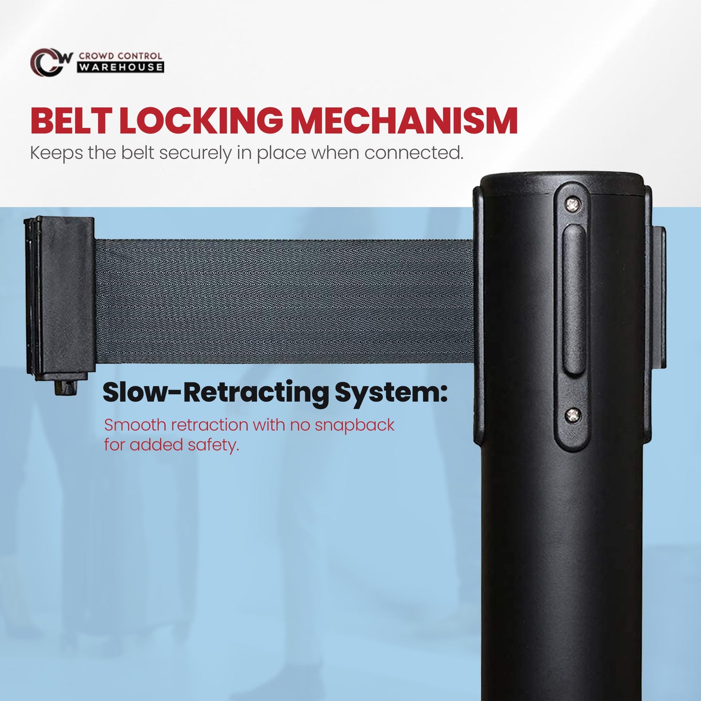 Crowd Control Warehouse Set of 2 Stanchion Retractable Belt Barriers, 11 Foot Black Belt Barrier with 40” Black Posts, Premium Crowd Control Barriers with Heavy Duty Concrete Base, CCW Series RBB-100