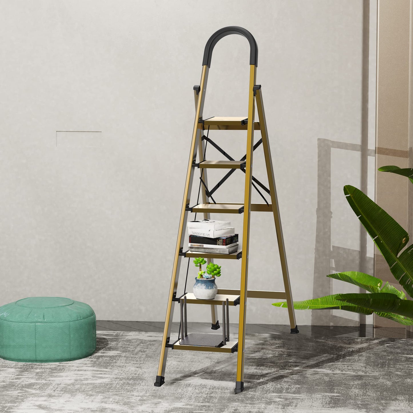 GameGem Lightweight Aluminum 6 Step Ladder for 12 Feet High Ceiling, Folding Step Stool Stepladders with Anti-Slip and Wide Pedal for Home and Kitchen Use Space Saving (Brown Gold)