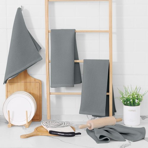 Homaxy 100% Cotton Waffle Weave Dish Towels - Ultra Soft & Absorbent Quick-Drying, 13 x 28 Inches, Grey | 12-Pack