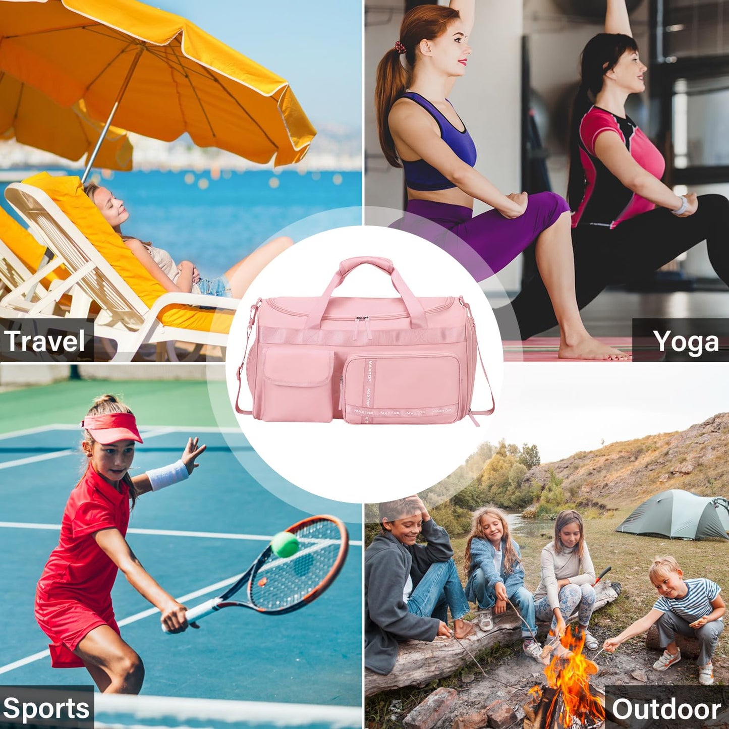 MAXTOP Travel Duffle Bag for Women Carry On Tote Weekender Overnight Bag Large Capacity Duffel Bag With Shoe Compartment,Pink Gym Bag with Dry and Wet Separation