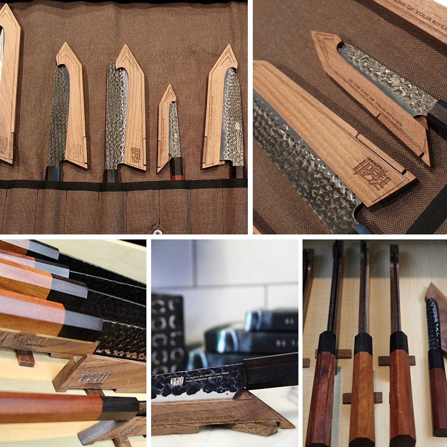 FINDKING Magnetic Edge Guard with Stand, Walnut Wood Blade Cover & Mini Knife Block for Counter Storage, Portable Protector for 7" Santoku Knife