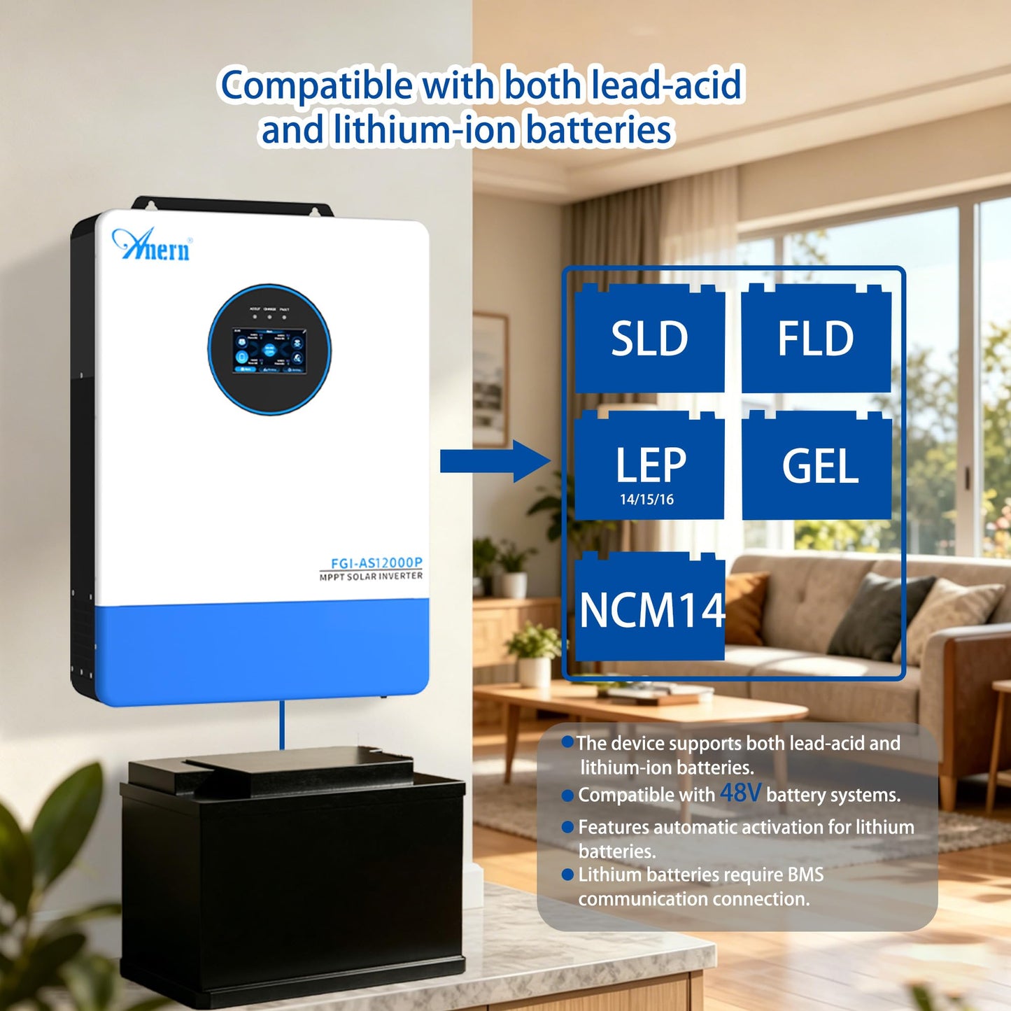 12000W Hybrid Solar Inverter 48V to 120V/240V Split Phase, Built-in 2 MPPT Solar Controllers, Max PV Input 18KW, Pure Sine Wave, 6 Unit Parallel for Home, RVs, Lead Acid/Li Battery, UL1741, FCC