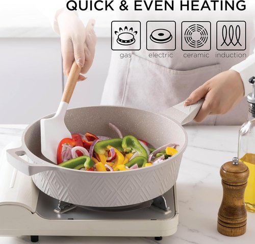 Country Kitchen Non-Stick Cast Aluminum Cookware Set - Durable 11-Piece Kitchen Essentials in Cream Rhombus