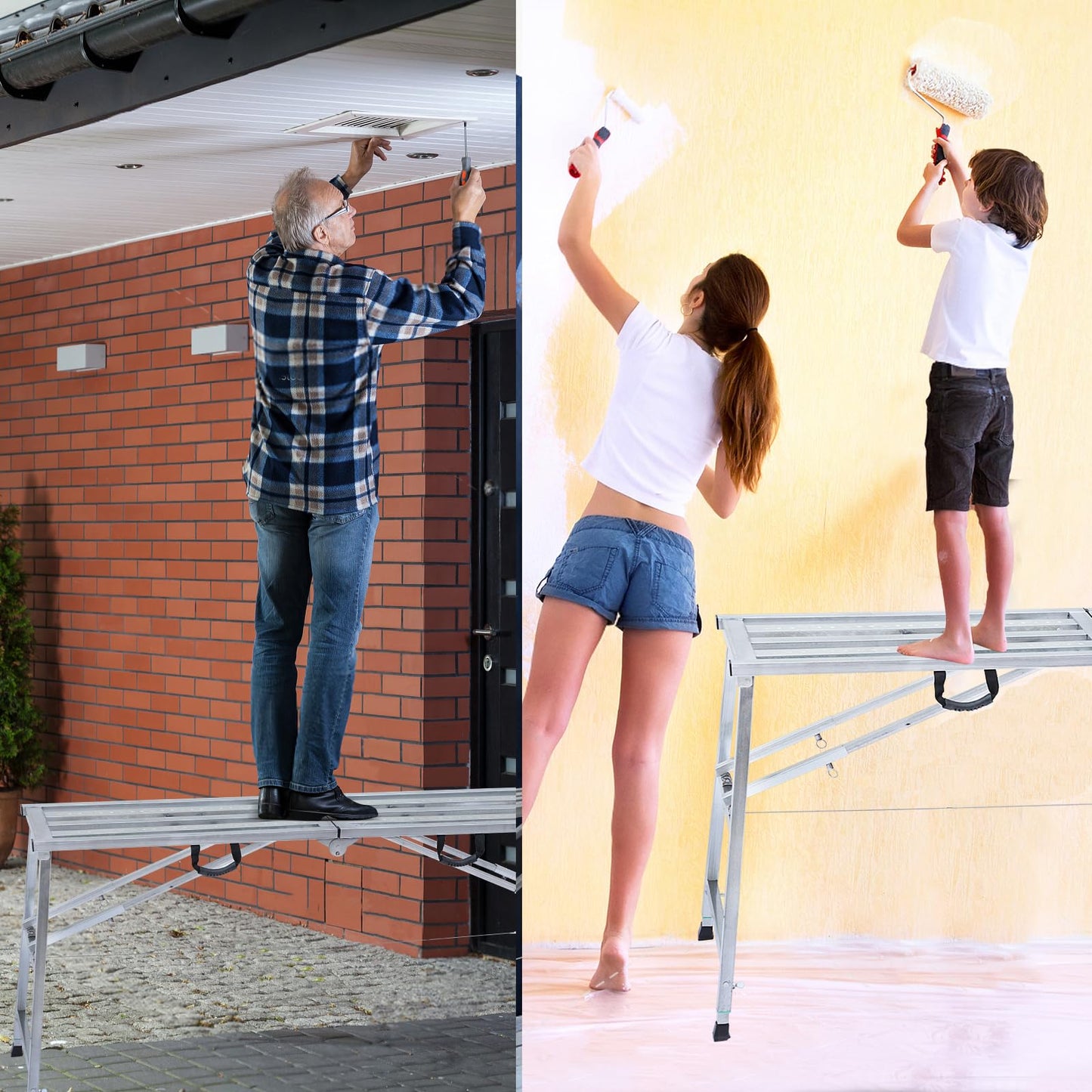 Adjustable Work Platform with 800 lb Duty Rating, Steel Step Ladder, Portable Folding Scaffolding Platform for RV Cleaning High Painting Walls, Drywall, Decorating (180 CM)