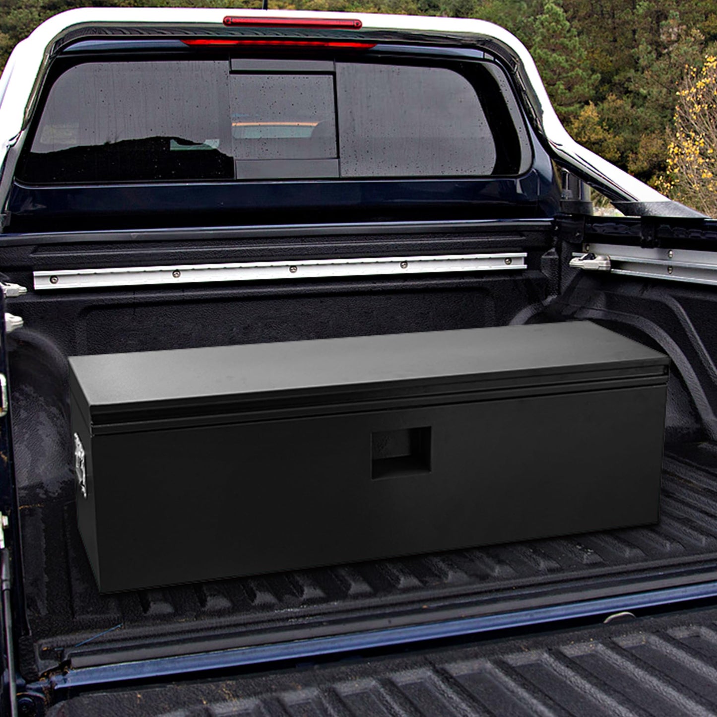 Heavy Duty Truck Bed Toolbox, Steel Truck Tool Box with Dual Lift Lids, Lockable & Weatherproof, Gas Struts, Universal Mounting for Pickup Truck Bed, RV & Trailer, Powder‑Coated Tool Storage Chest