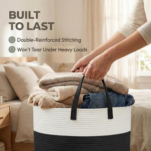 JMvicyroam Extra Large Blanket Basket - Woven Cotton Rope Laundry Hamper with Reinforced Handles | White & Black