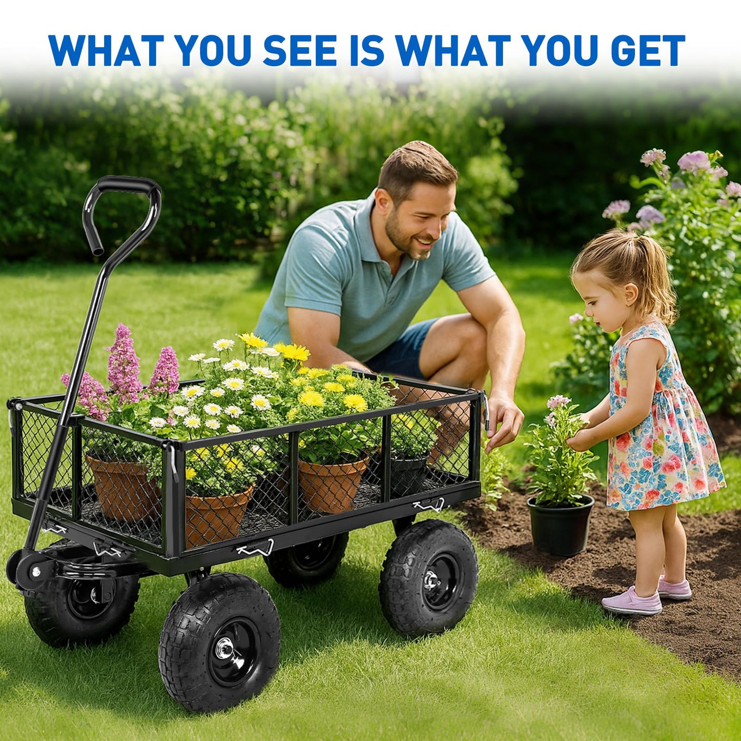 Yesker Steel Garden Carts - 800lbs Dump Wagon with All Terrain Inflatable Wheels for Yard Lawn Farms Gardening - Heavy Duty Utility Outdoor Hauling Wheelbarrow