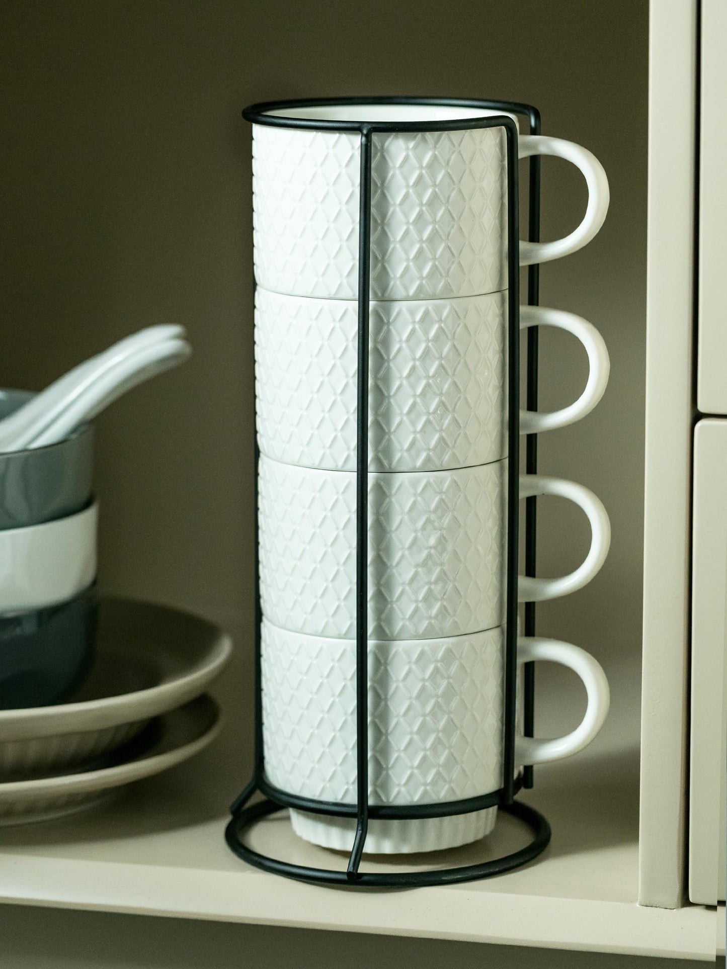 LYEOBOH Stackable Coffee Mugs with Rack, 13 oz Ceramic Coffee Mug Set of 4 with Stand, Latte Cup with Spoon, Cappuccino Cups for Hot Cocoa, Milk, White
